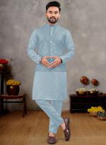 Banglori Silk Light Blue Ceremonial Wear Sequins Work Readymade Modi Jacket Kurta Pajama